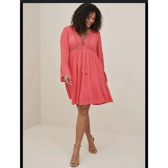 Torrid Mini Gauze Lace-Up Skater Swing Dress Womens 1X Long Bell Sleeve … - Picture 1 of 8